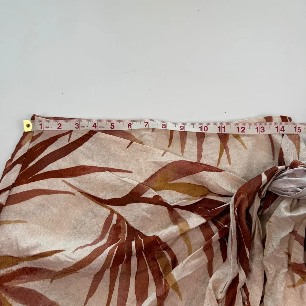 Tropical Palm Print Faux Wrap Mini Skirt Side Tie Cream Terracotta Large